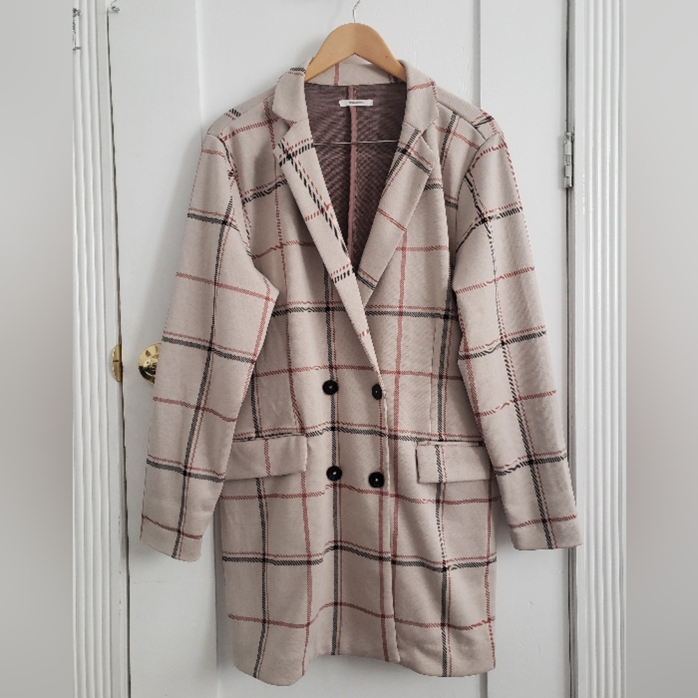 Plaid Maurices Double-Breasted Women's Coat L Cream Tan Business Fall Winter - Picture 7 of 8